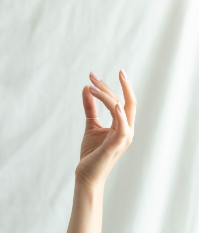 白い背景に女性の手の写真